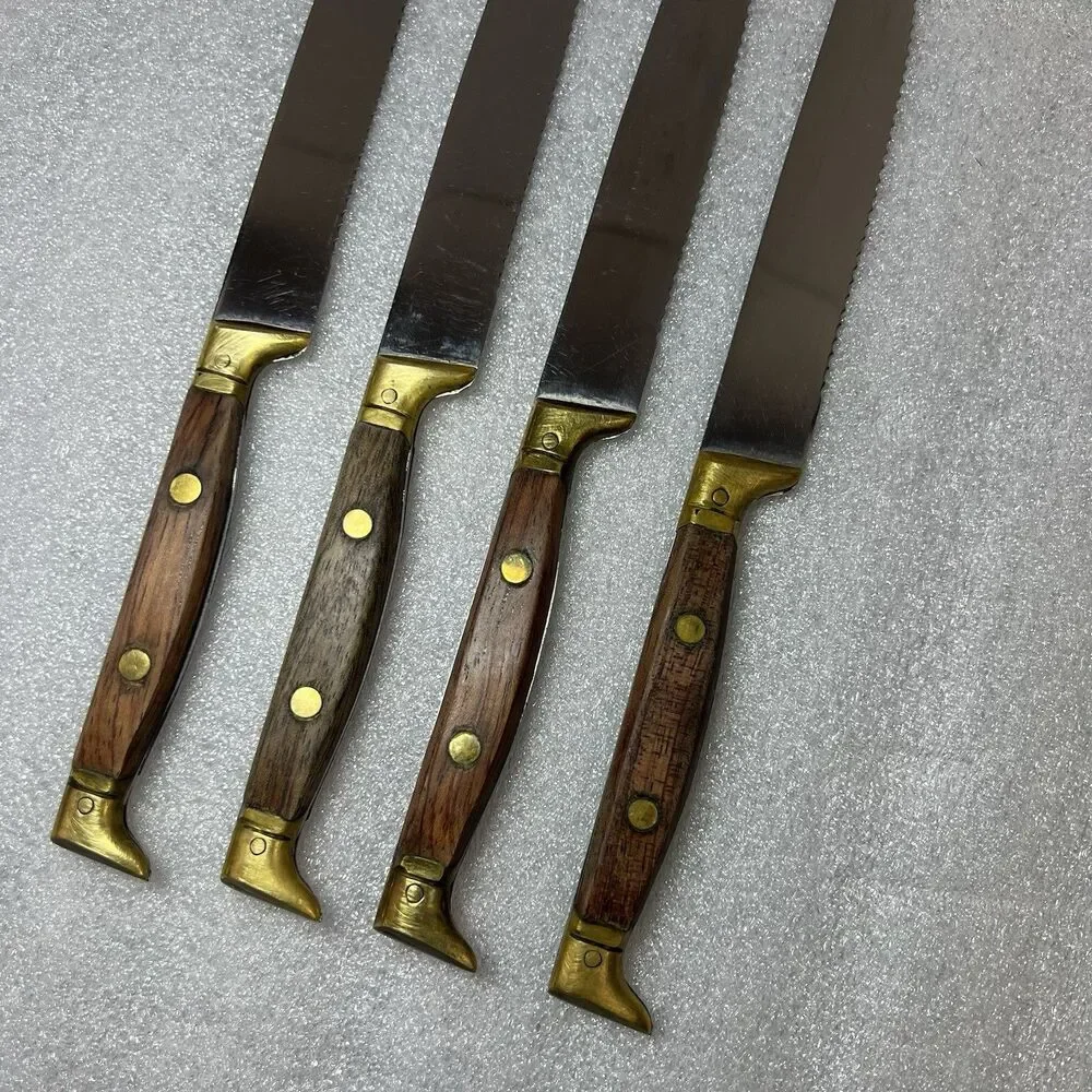4 VTG ROWOCO Serrated Steak Knives 9”Rosewood Brass Full Tang Boot Handle France